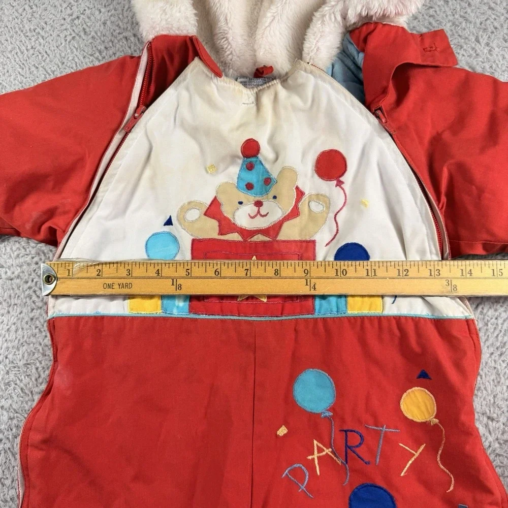VINTAGE 80s Mighty Mac Baby Snow Suit 18 Months Red Teddy Bear Party Fur Lined